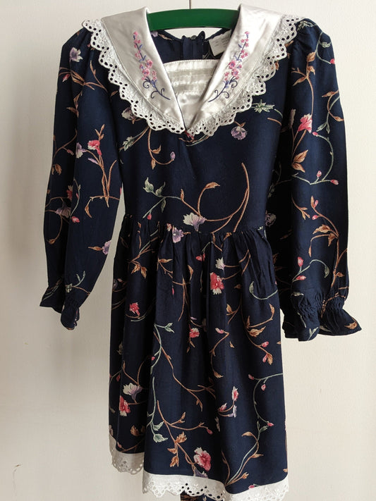 Dark blue collared vintage dress with flowers