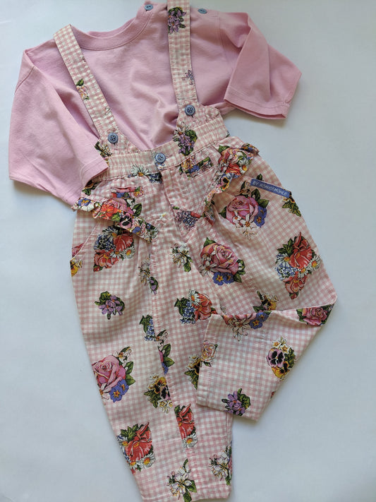 Pink Gingham and Flower Vintage Overall Set