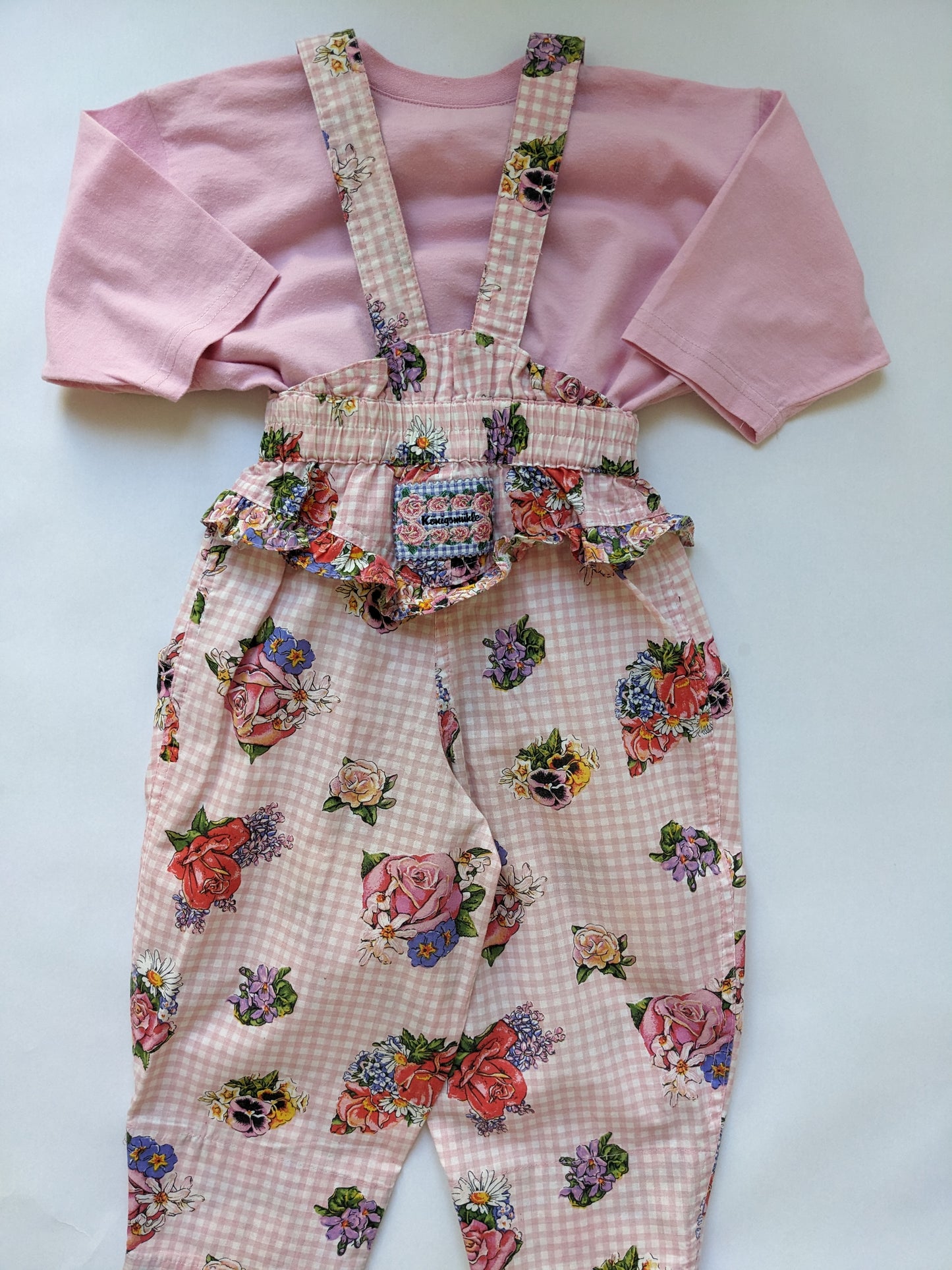Pink Gingham and Flower Vintage Overall Set