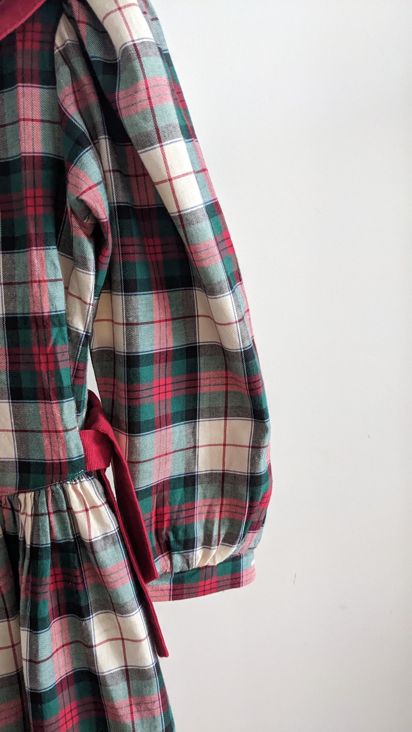 Bold neck red green and white check dress