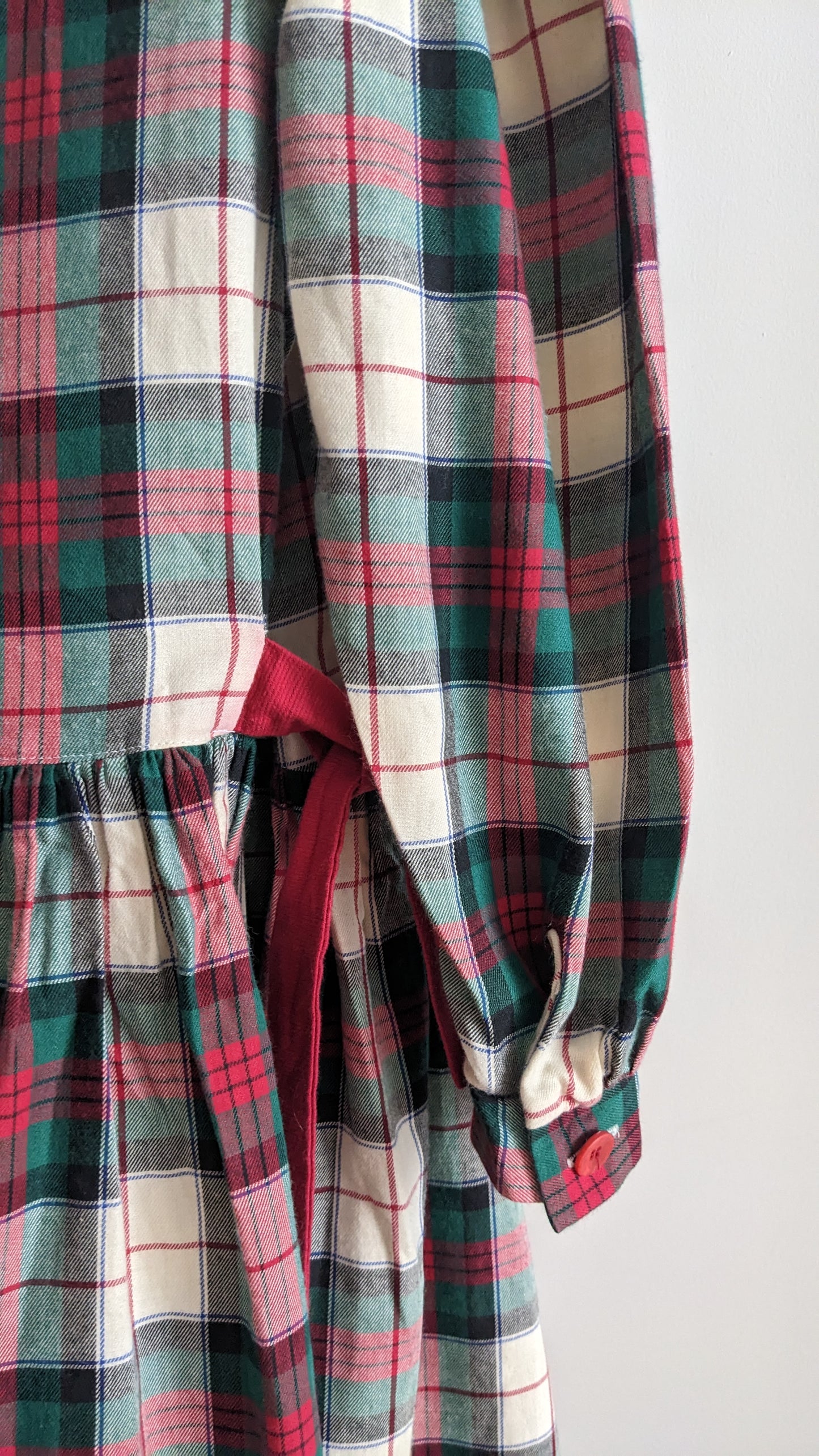 Bold neck red green and white check dress