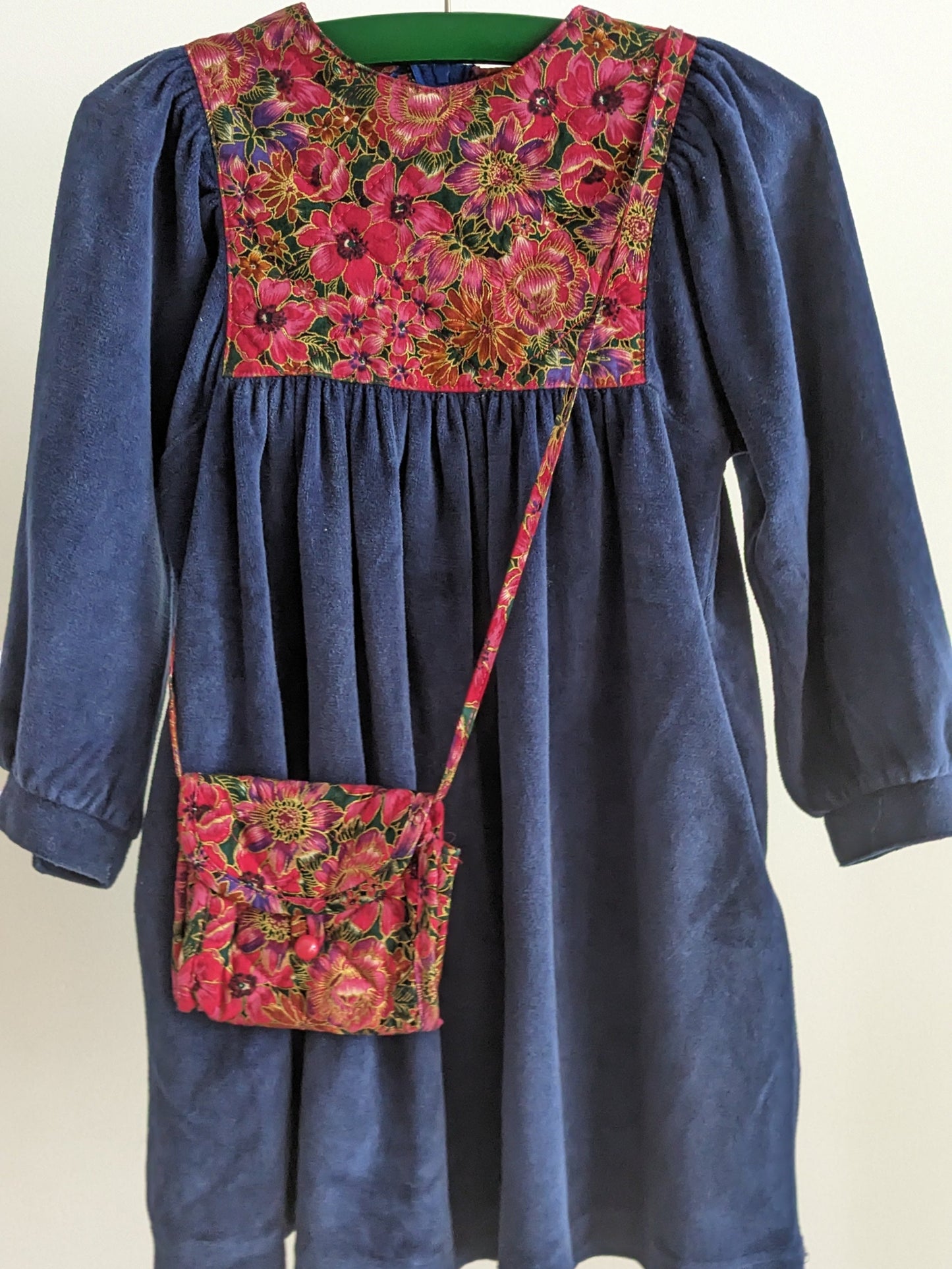 Velvet blue dress with matching bag