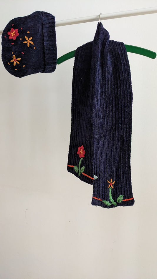 Chenille hat and scarf set with flower embroideries